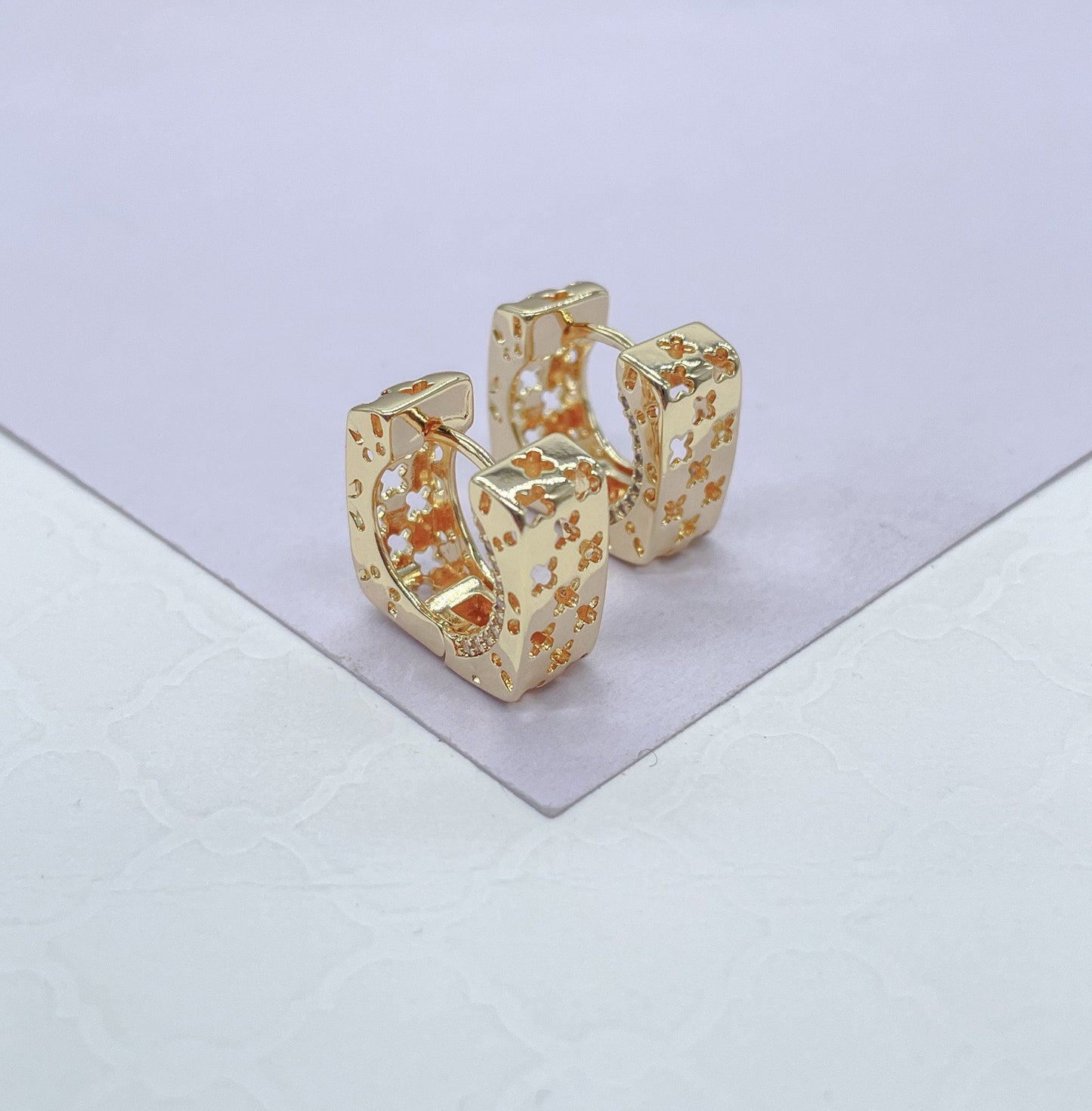 18k Gold Filled Square Huggie Earrings: Clover Cutout Hoops