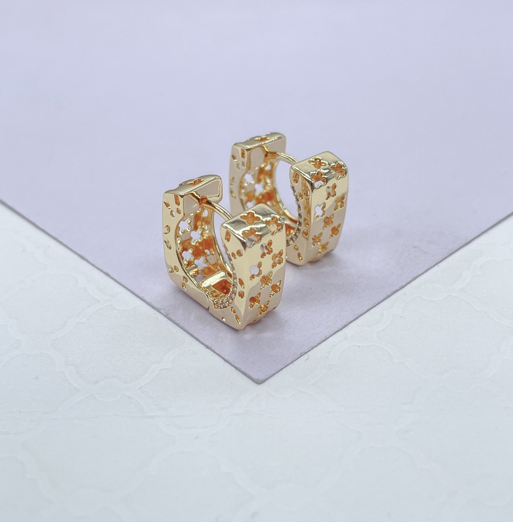 18k Gold Filled Square Huggie Earrings: Clover Cutout Hoops