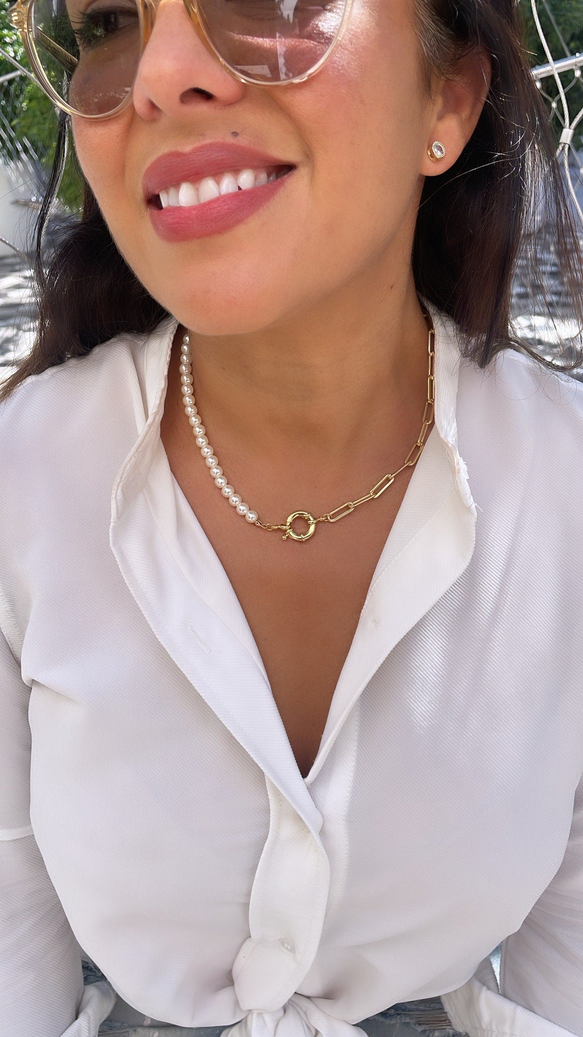 18k Gold-Filled Paper Clip Pearl Choker: Custom Beaded Chain