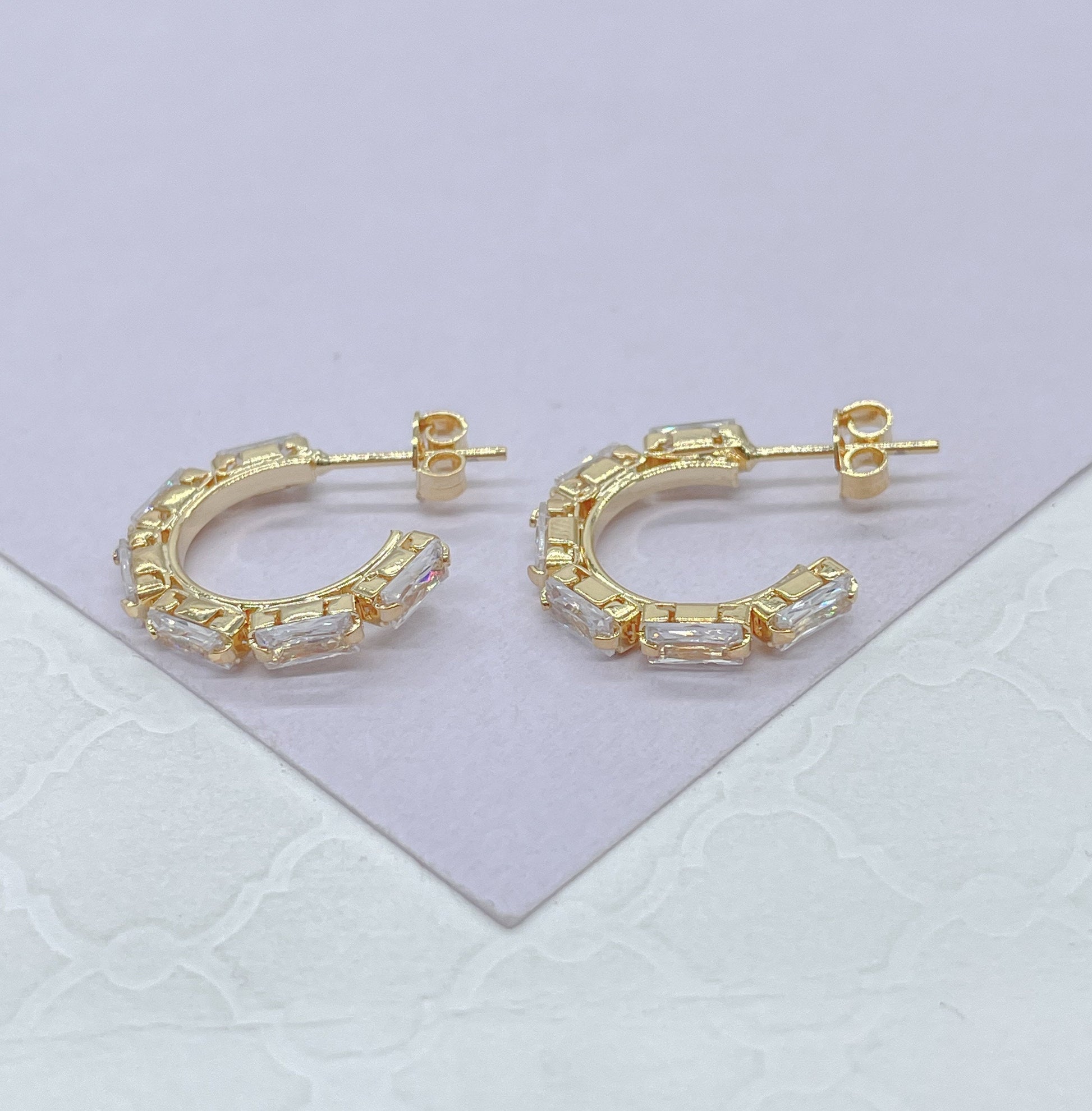 18k Gold Filled Baguette Stone-Patterned C-Hoop Earrings, Gifts For Her, Nightlife Jewlery, Birthday Hoops,