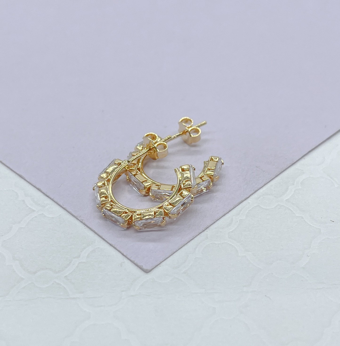 18k Gold Filled Baguette Stone-Patterned C-Hoop Earrings, Gifts For Her, Nightlife Jewlery, Birthday Hoops,