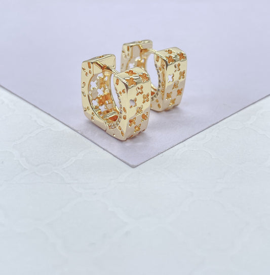 18k Gold Filled Square Huggie Earrings: Clover Cutout Hoops