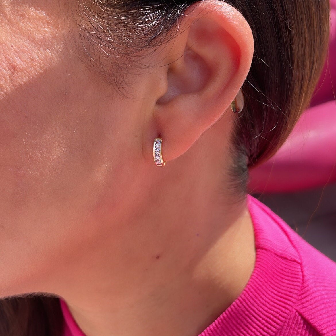 18k Gold Filled Small Children’s Baguette Stone Huggie Hoop Earrings