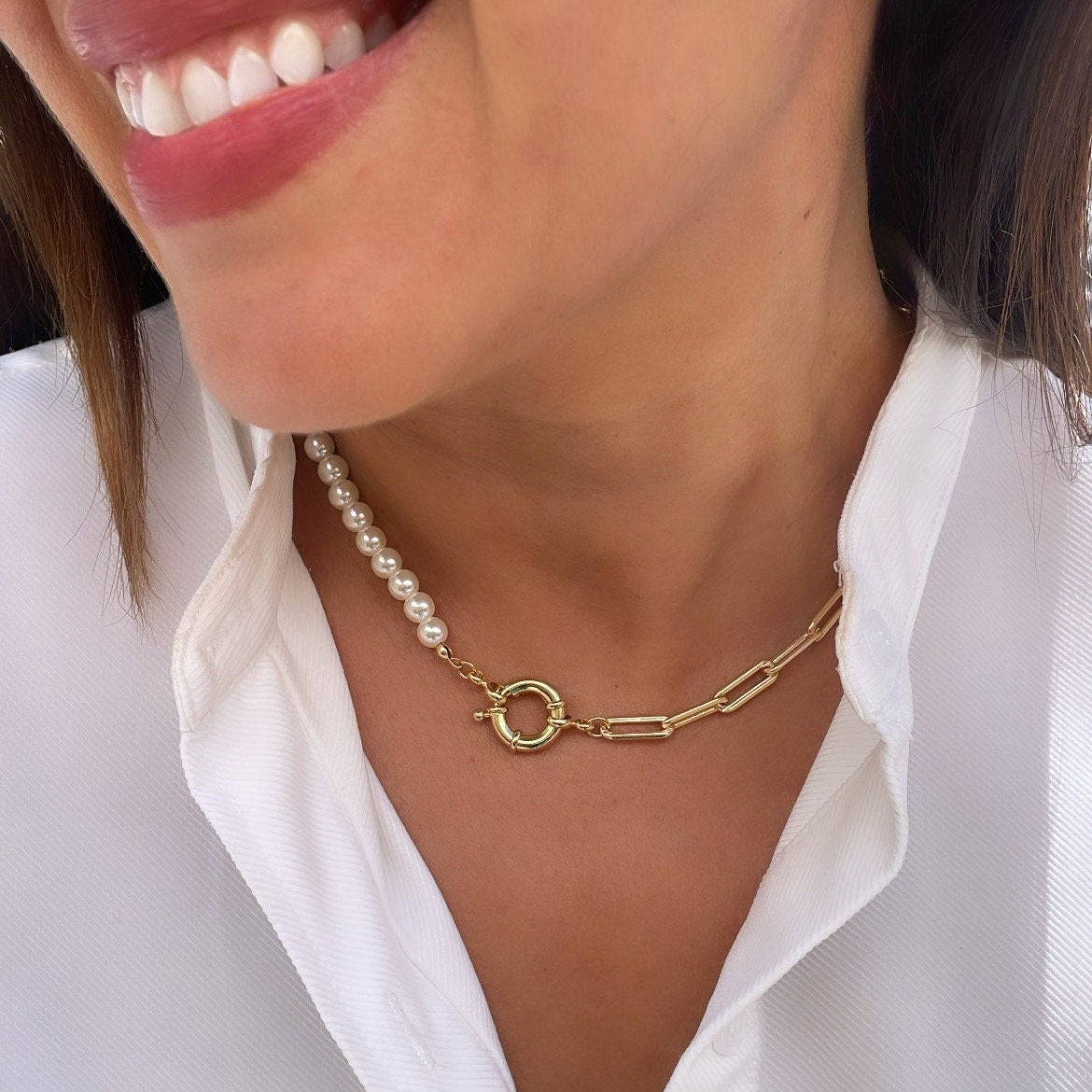 18k Gold-Filled Custom-Made Paper Clip and Beaded Pearl Chain Choker, Statement Piece, Pearl Choker, Paperclip Choker, Gifts for her