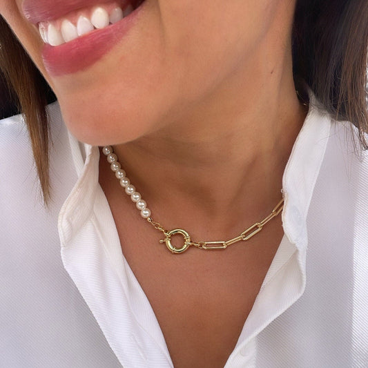18k Gold-Filled Custom-Made Paper Clip and Beaded Pearl Chain Choker, Statement Piece, Pearl Choker, Paperclip Choker, Gifts for her