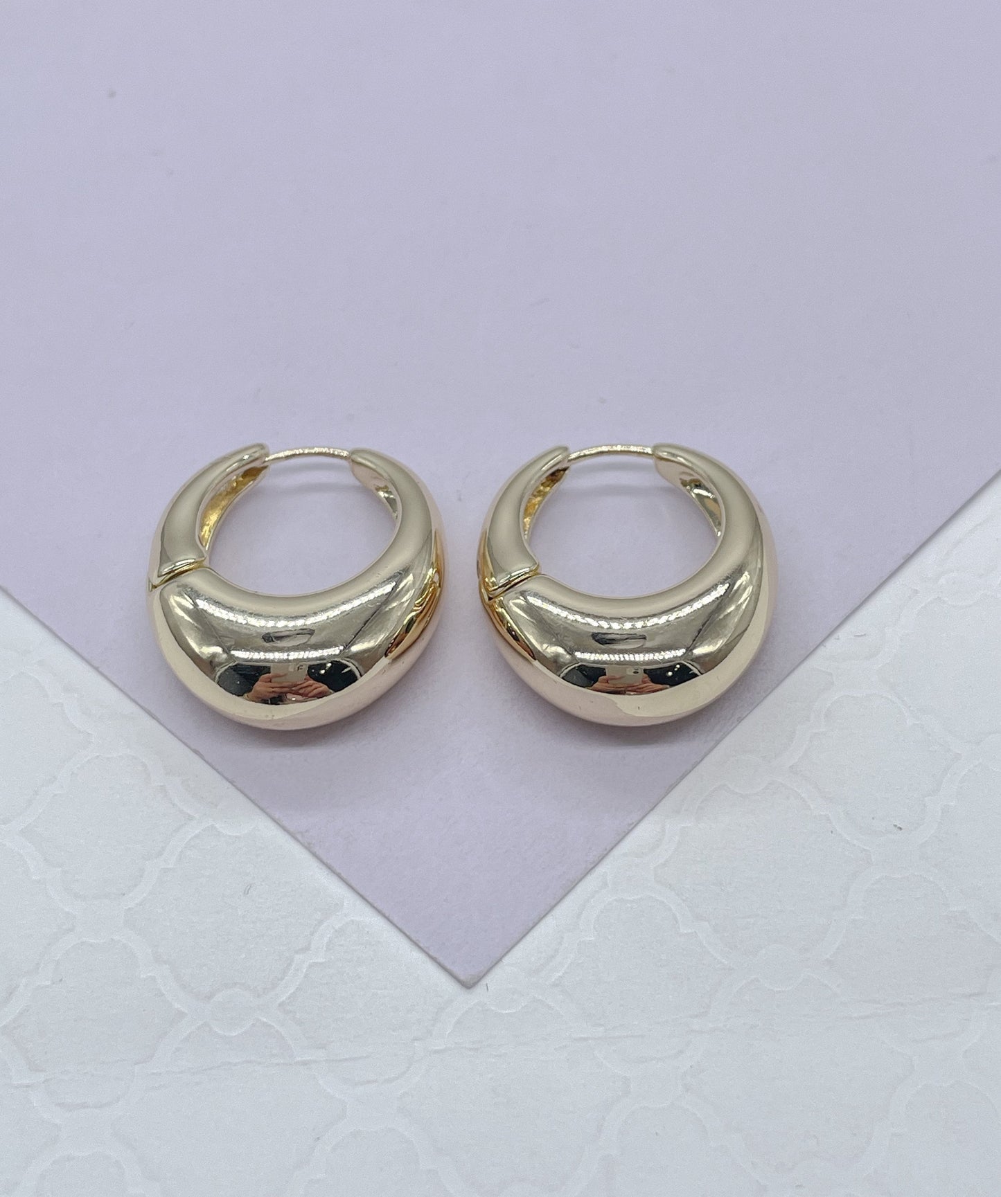 18k Gold Filled Chunky Long Smooth Dome Style Tear Drop Huggie Earring