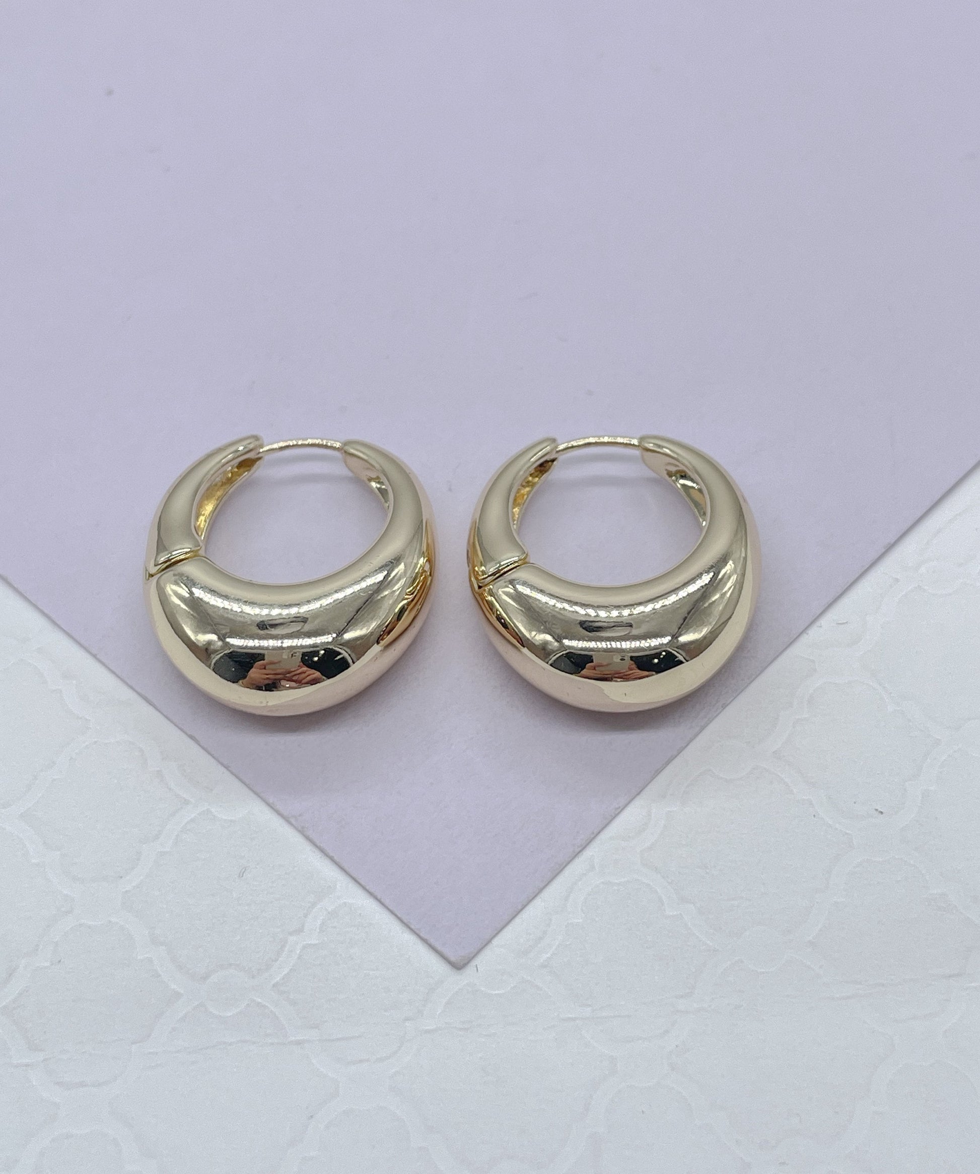 18k Gold Filled Chunky Long Smooth Dome Style Tear Drop Huggie Earring