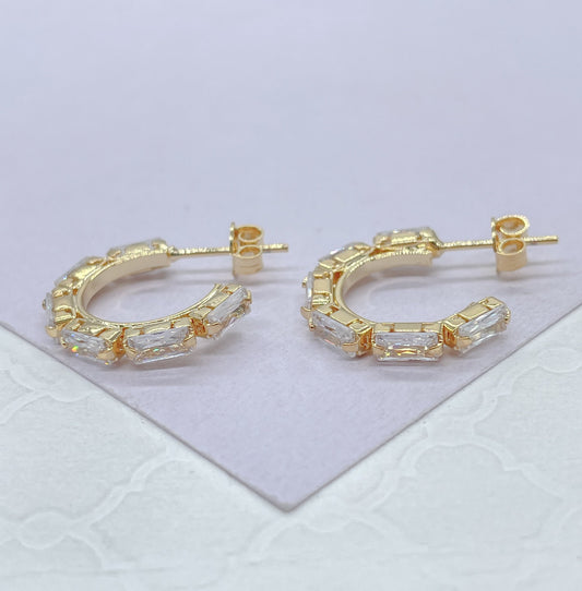 18k Gold Filled Baguette Stone-Patterned C-Hoop Earrings, Gifts For Her, Nightlife Jewlery, Birthday Hoops,