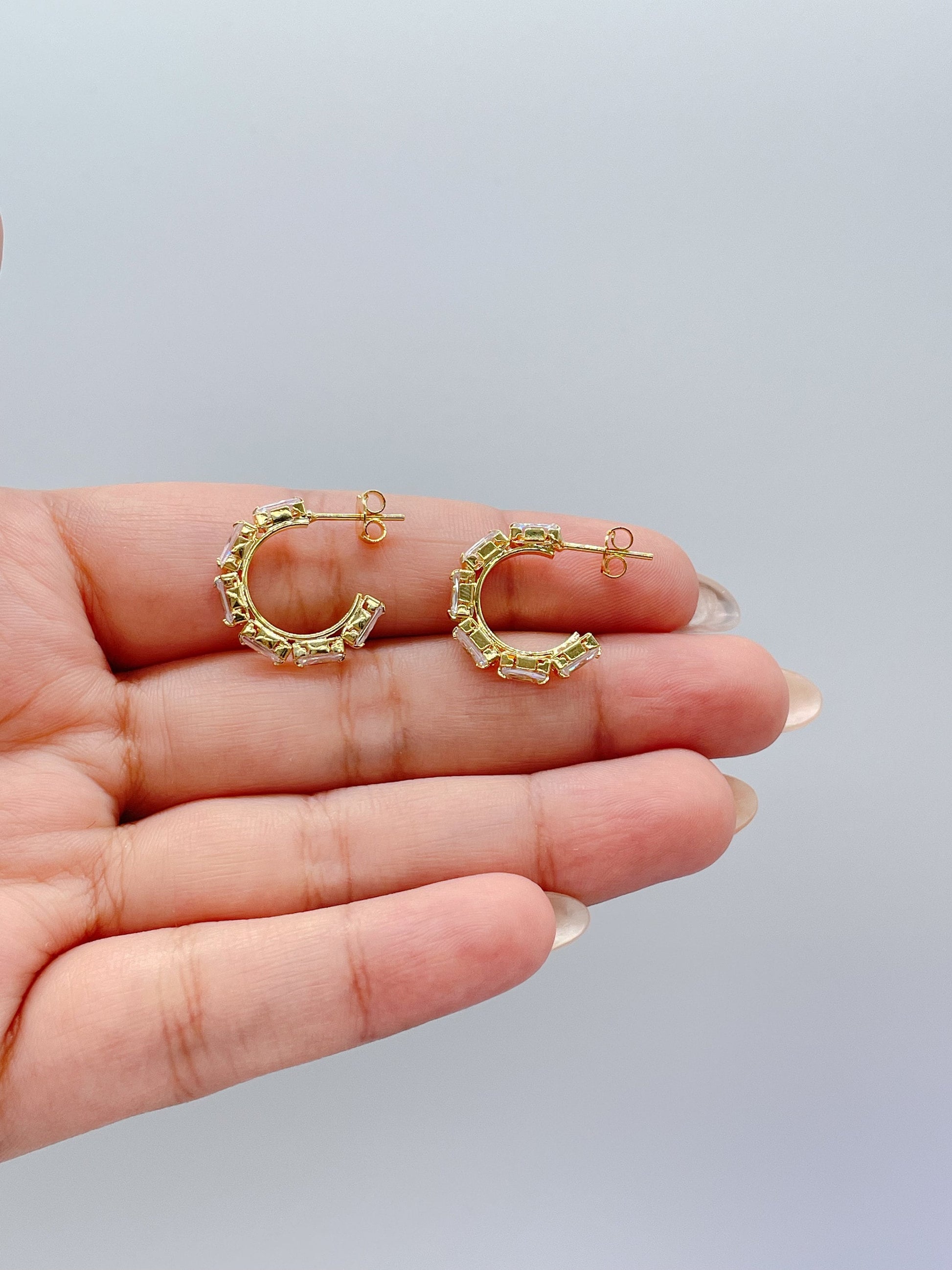18k Gold Filled Baguette Stone-Patterned C-Hoop Earrings, Gifts For Her, Nightlife Jewlery, Birthday Hoops,