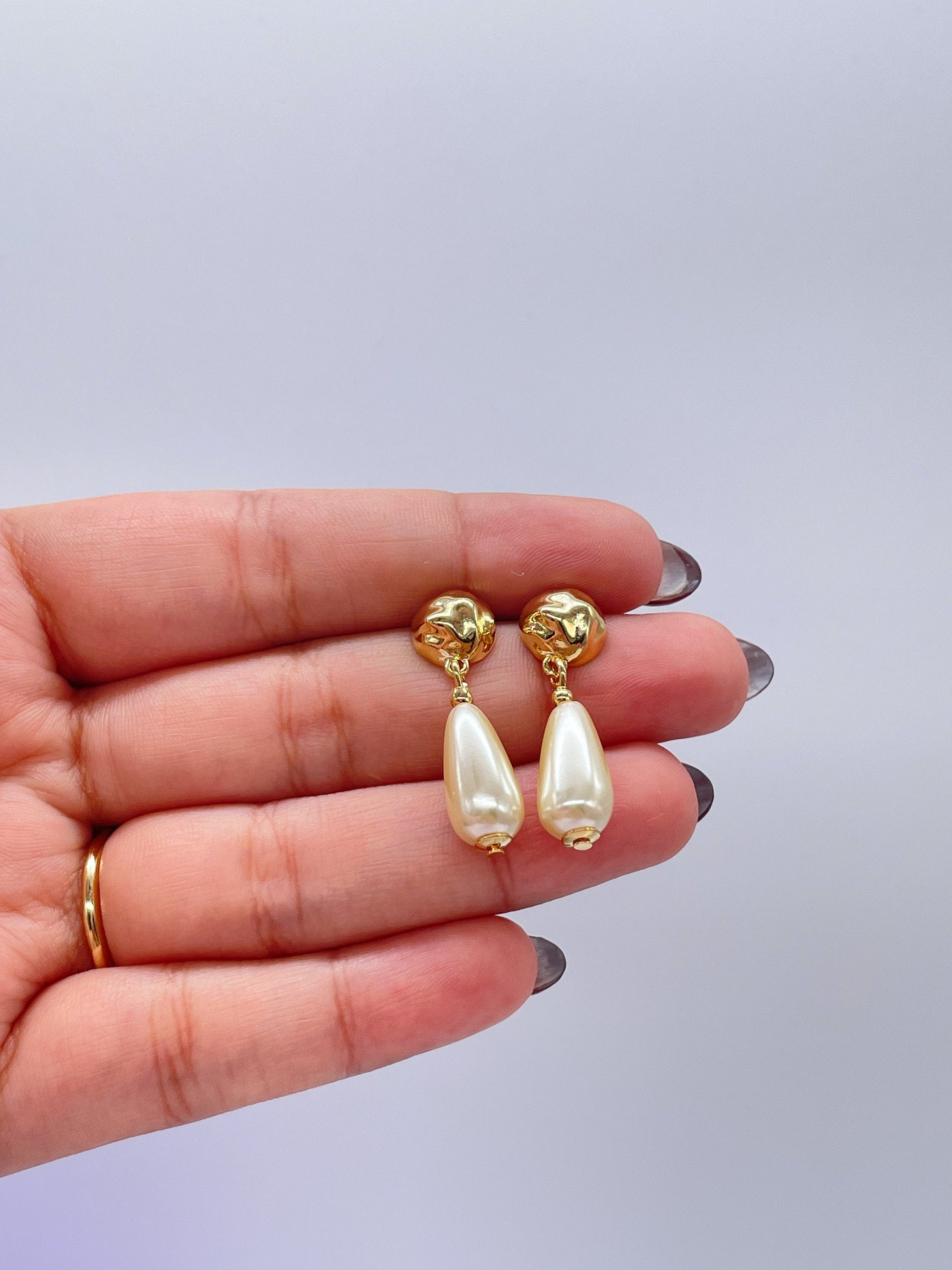 18k Gold Filled Smooth Tear Drop Shapped Pearl Dangle Hoop Earrings