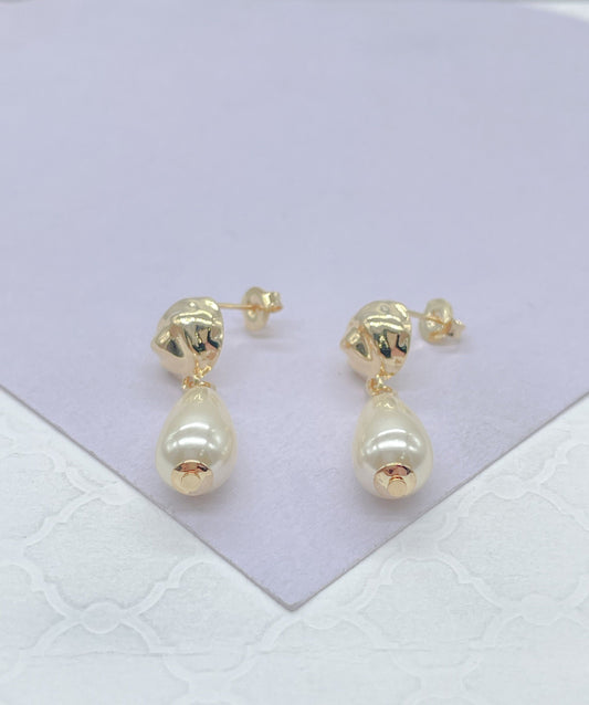 18k Gold Filled Smooth Tear Drop Shapped Pearl Dangle Hoop Earrings