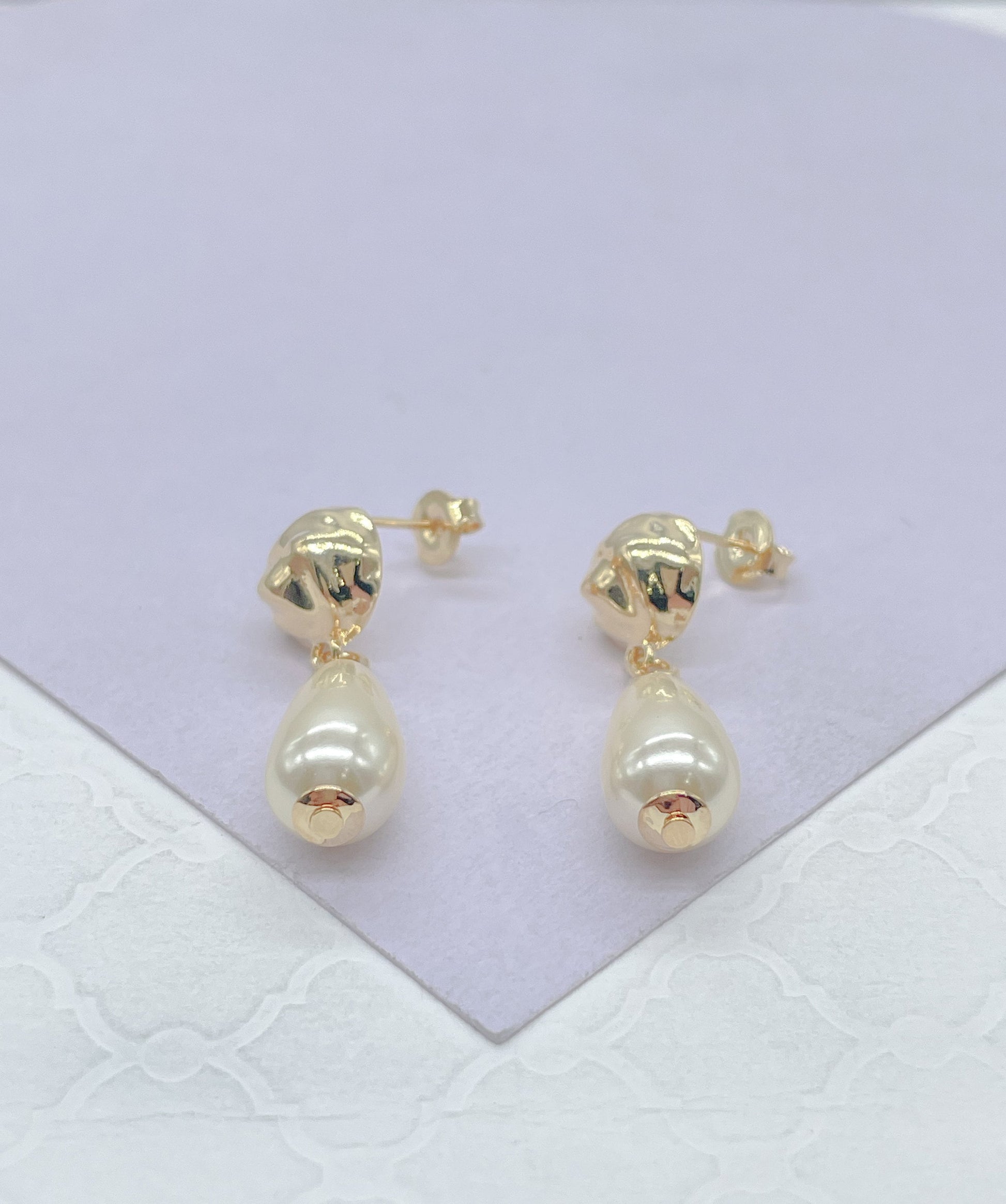18k Gold Filled Smooth Tear Drop Shapped Pearl Dangle Hoop Earrings