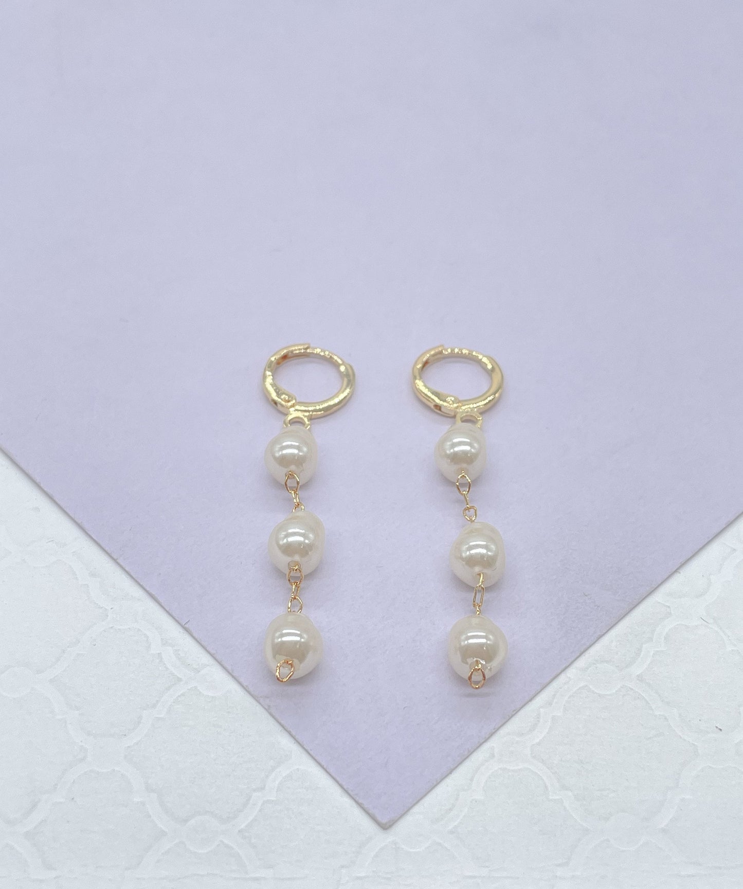 18k Gold Filled Dainty Hoops With 3 Small Faux Pearl Charms, Pearl Jewlery, Pearl Earrings, Dainty Earrings