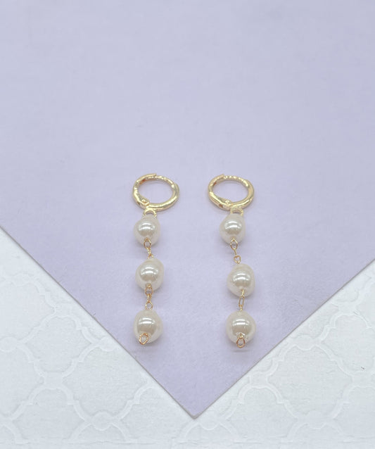 18k Gold Filled Dainty Hoops With 3 Small Faux Pearl Charms, Pearl Jewlery, Pearl Earrings, Dainty Earrings