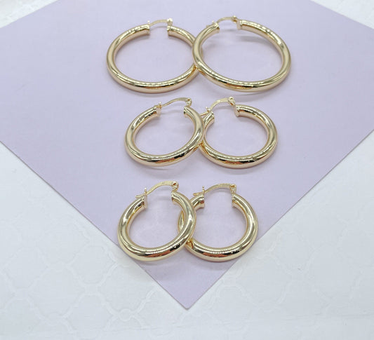 18k Gold Filled 4mm Thick Plain Smooth Classic Hoop Earrings