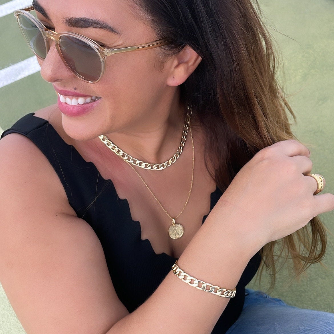 18k Gold Filled Curb Link Chain: Necklace & Bracelet Set