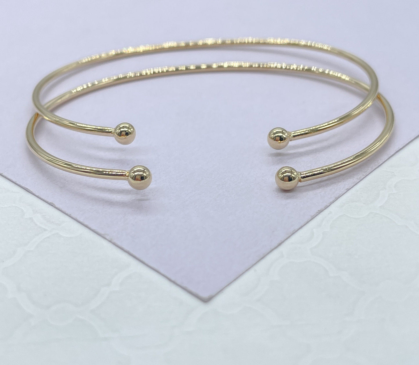 18k Gold Filled Plain Dainty Cuff Bracelet With Tiny Balls as Ends