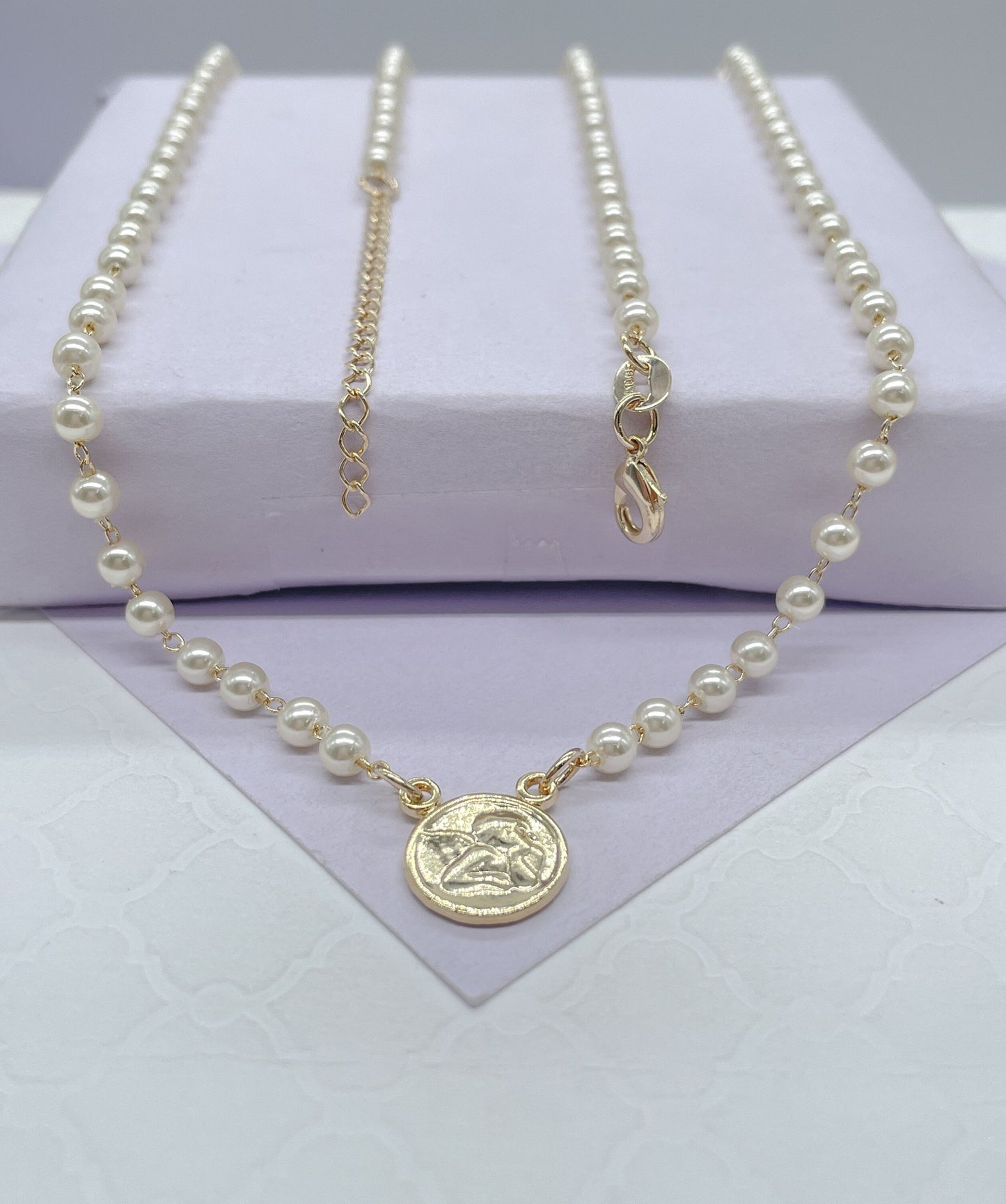 18k Gold Filled Dainty Pearl Choker with Angle Medallion Center Piece Choker