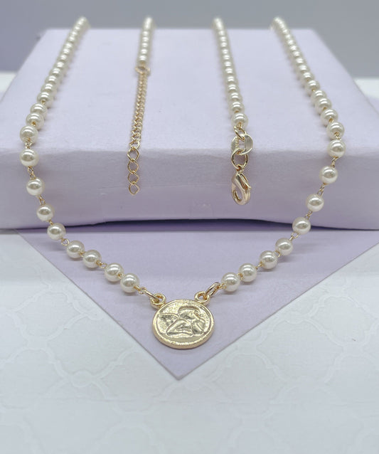 18k Gold Filled Dainty Pearl Choker with Angle Medallion Center Piece Choker