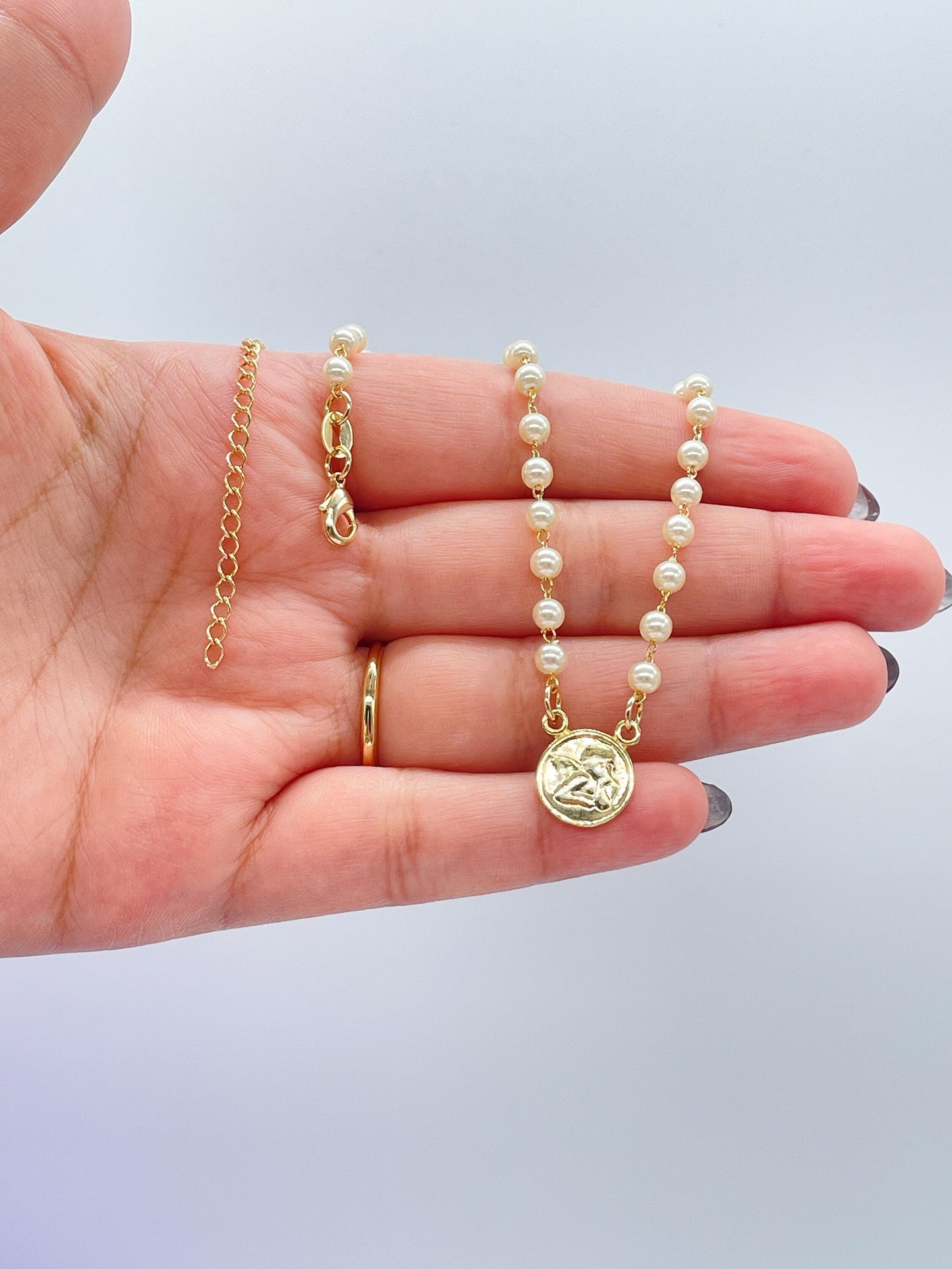 18k Gold Filled Dainty Pearl Choker with Angle Medallion Center Piece Choker