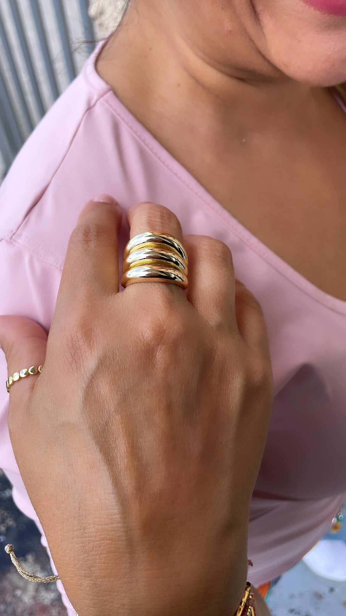 18k GoldFilled Adjustable Chunky 3-Rowed Dome Ring