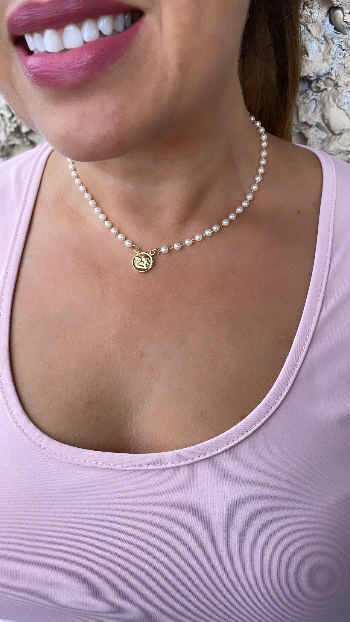 18k Gold Filled Dainty Pearl Choker with Angle Medallion Center Piece Choker