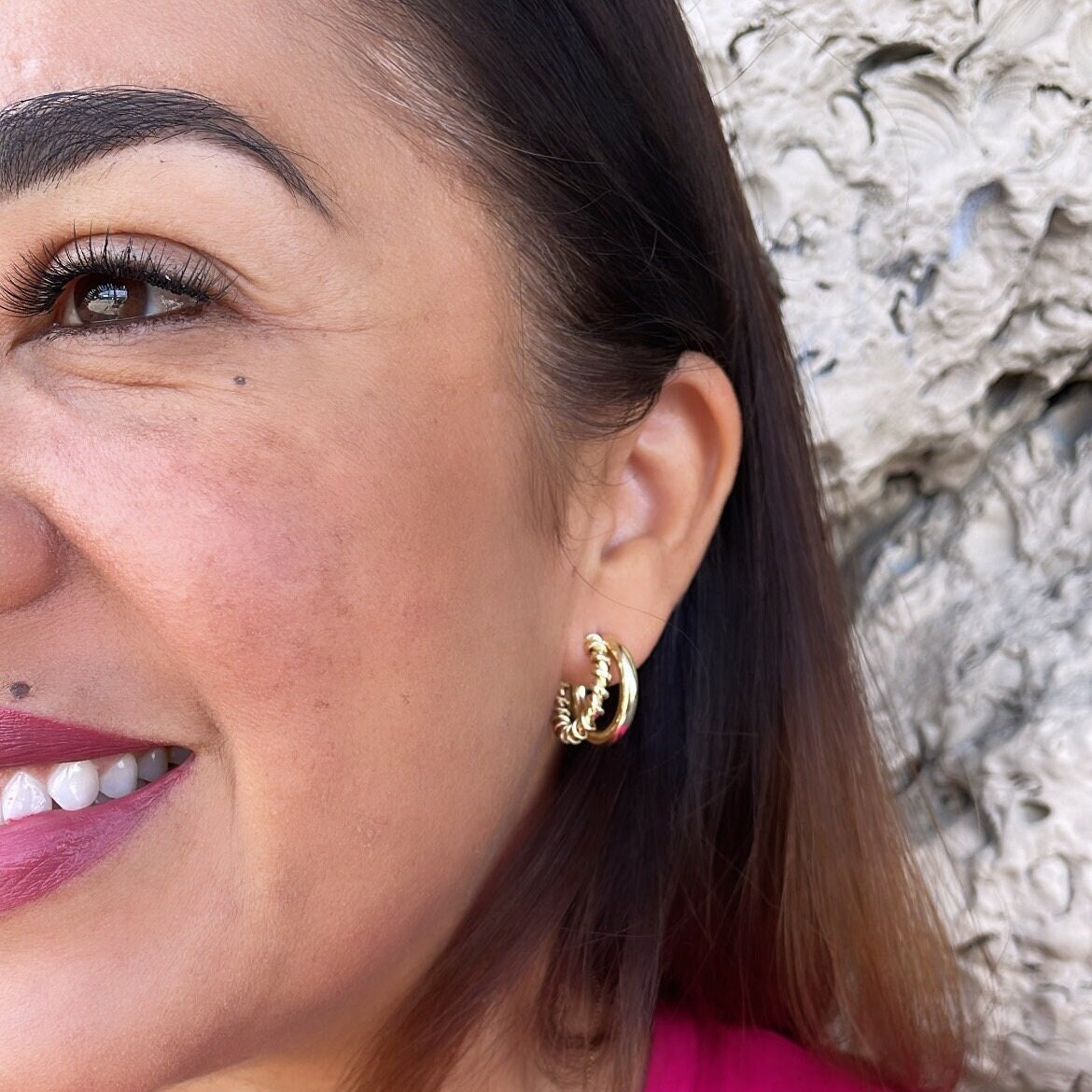 18k Gold Filled Double Link Smooth And Twisted Pushback Open Hoop Earring C-Hoop