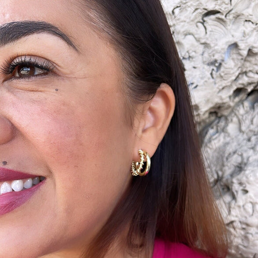 18k Gold Filled Double Link Smooth And Twisted Pushback Open Hoop Earring C-Hoop