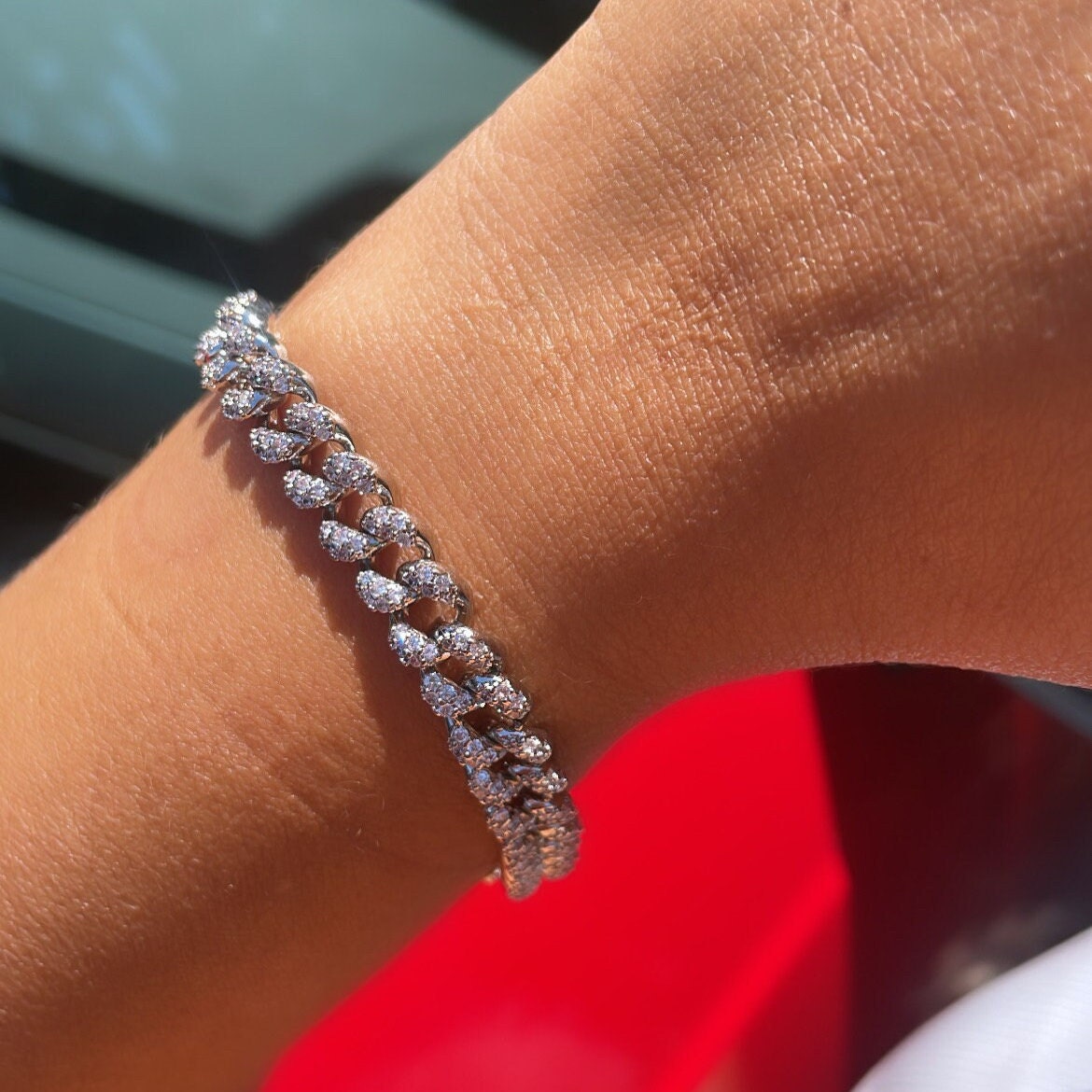Silver Filled With Rodium Cuban Link CZ Stone Bracelet