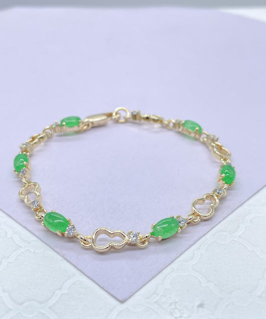 18k Gold Filled Link Bracelet With Small Oval Lime Green Stone Bezel