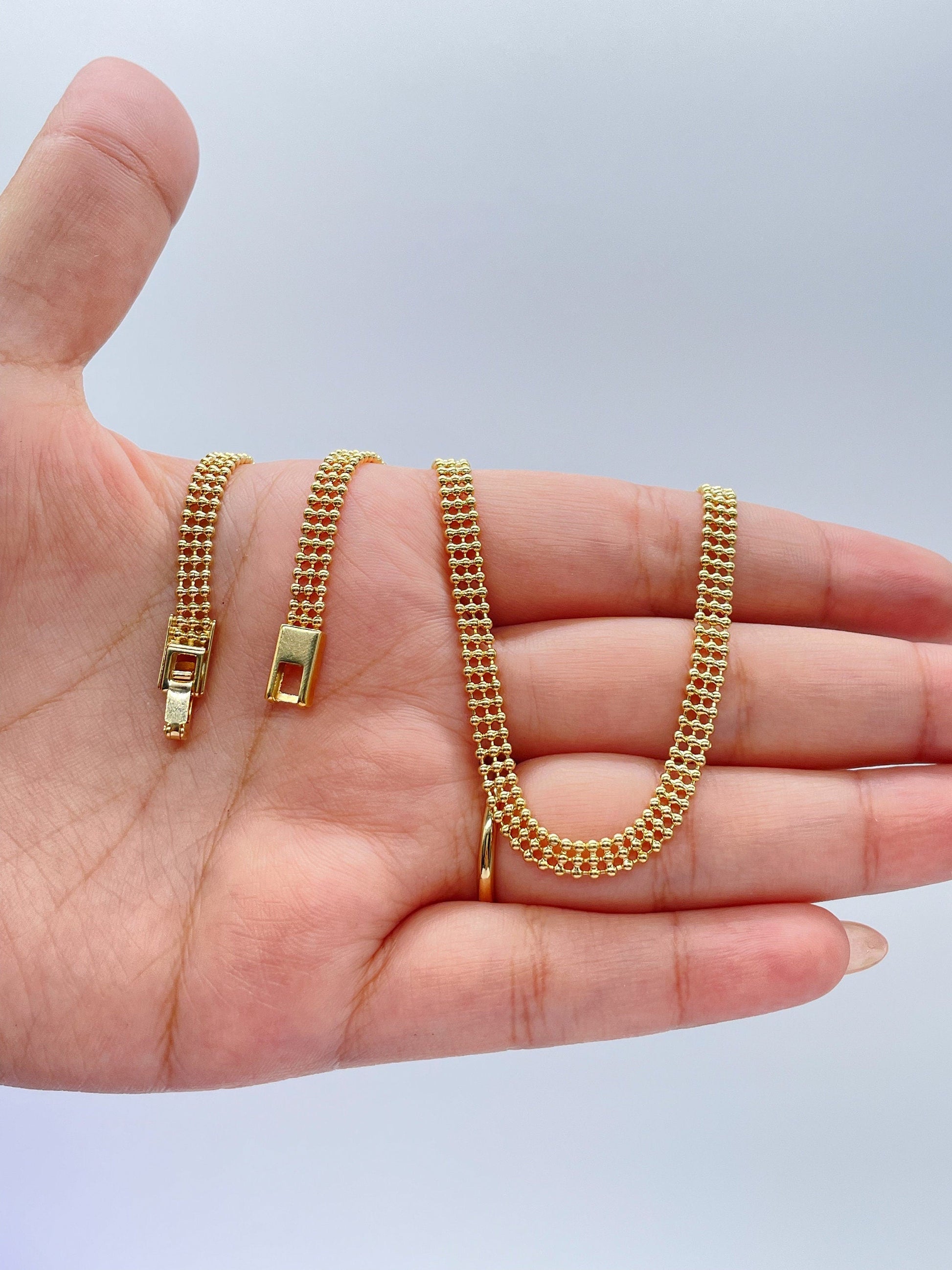 18k Gold Filled 4mm Three Rowed Beaded Necklace and Bracelet Set