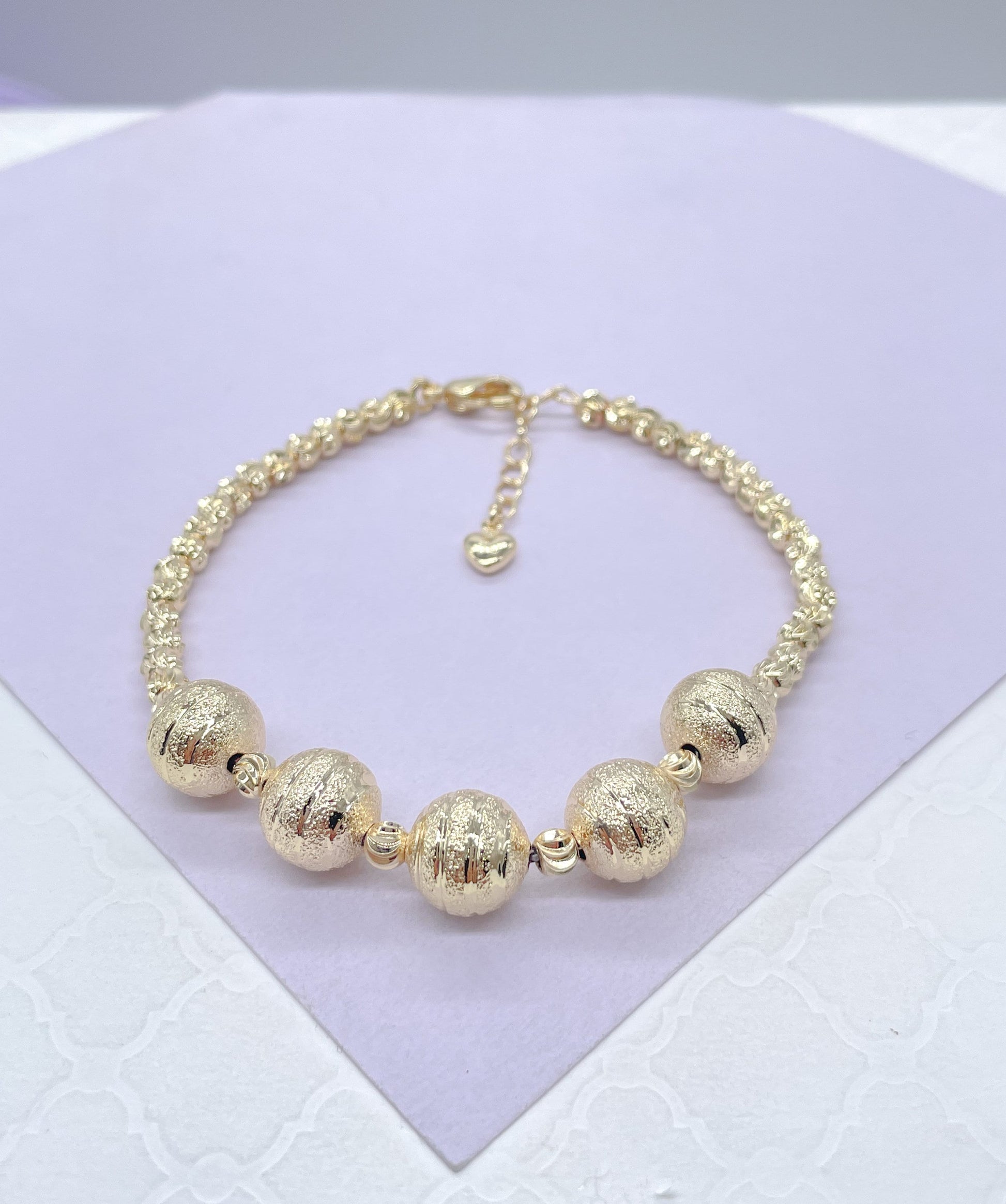 18k Gold Filled 5 XL textures Beaded Ball Bracelet , Gold filled Bracelet, Gifts for her.