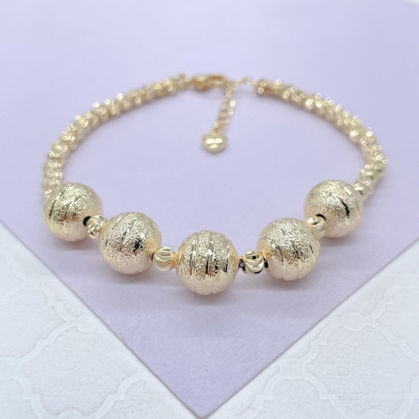 18k Gold Filled 5 XL textures Beaded Ball Bracelet , Gold filled Bracelet, Gifts for her.