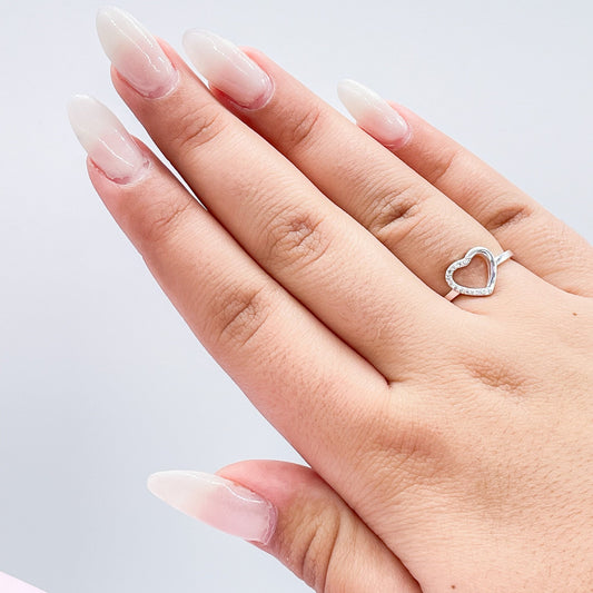 925 Sterling Silver Open Heart Ring With 1 Side of Pave Stones