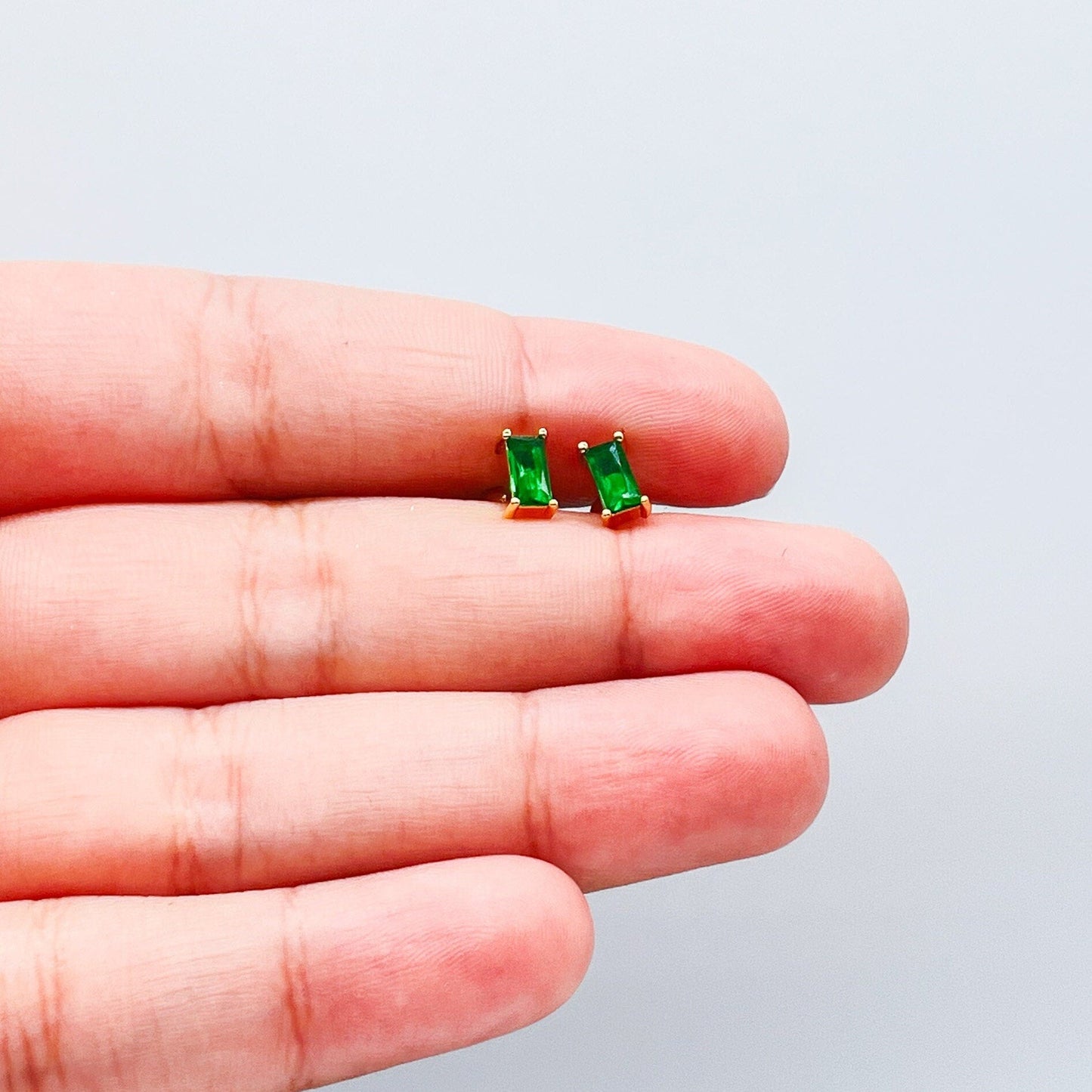 18k GoldFilled Baguette Tiny Emerald Stud