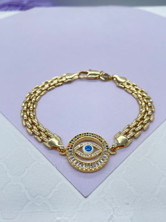 18k Gold Filled Vintage Bismarck Link Bracelet Featuring Round colorful CZ Evil Eyes