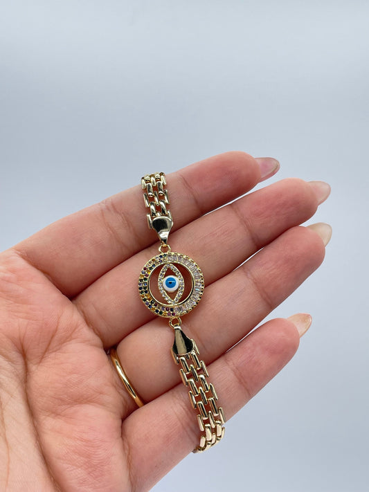 18k Gold Filled Vintage Bismarck Link Bracelet Featuring Round colorful CZ Evil Eyes