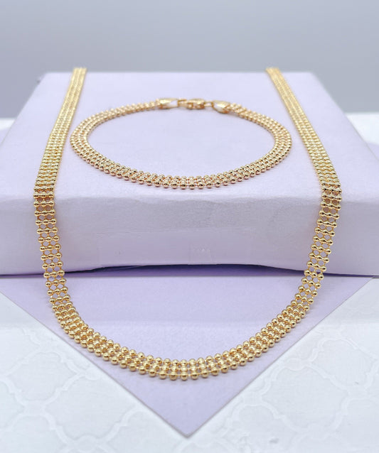 18k Gold Filled 4mm Three Rowed Beaded Necklace and Bracelet Set
