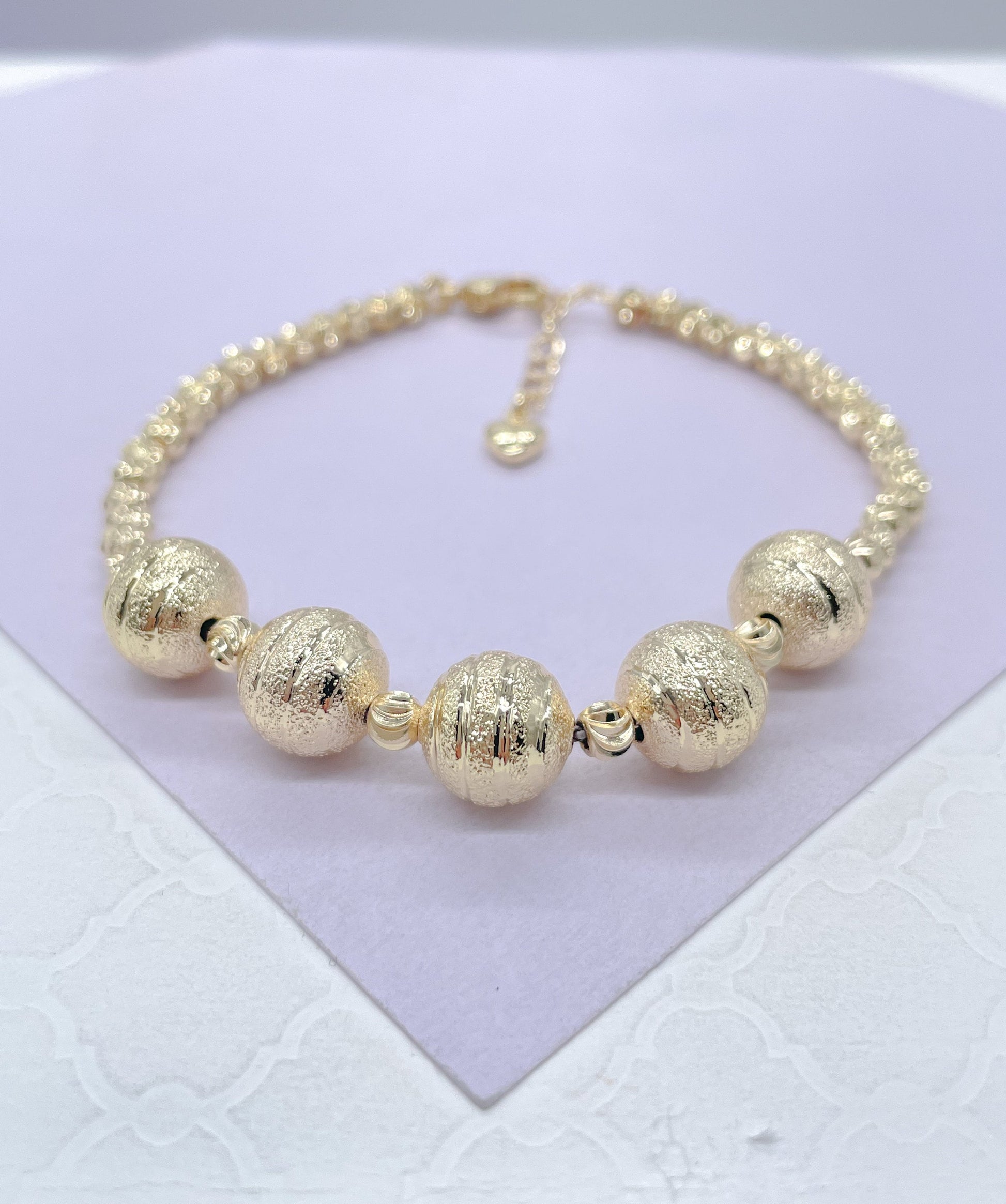 18k Gold Filled 5 XL textures Beaded Ball Bracelet , Gold filled Bracelet, Gifts for her.