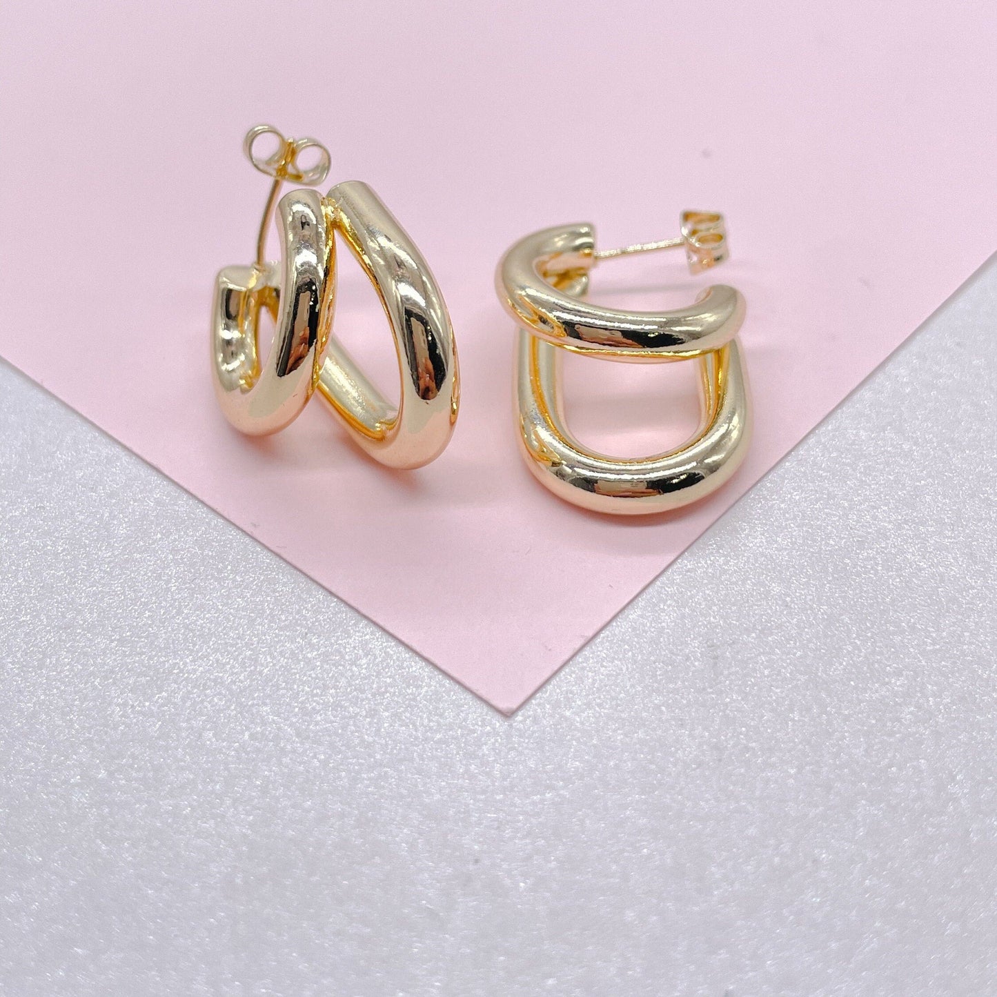 18k Gold Filled Hoop Earrings: Minimalist Double Row Hoops