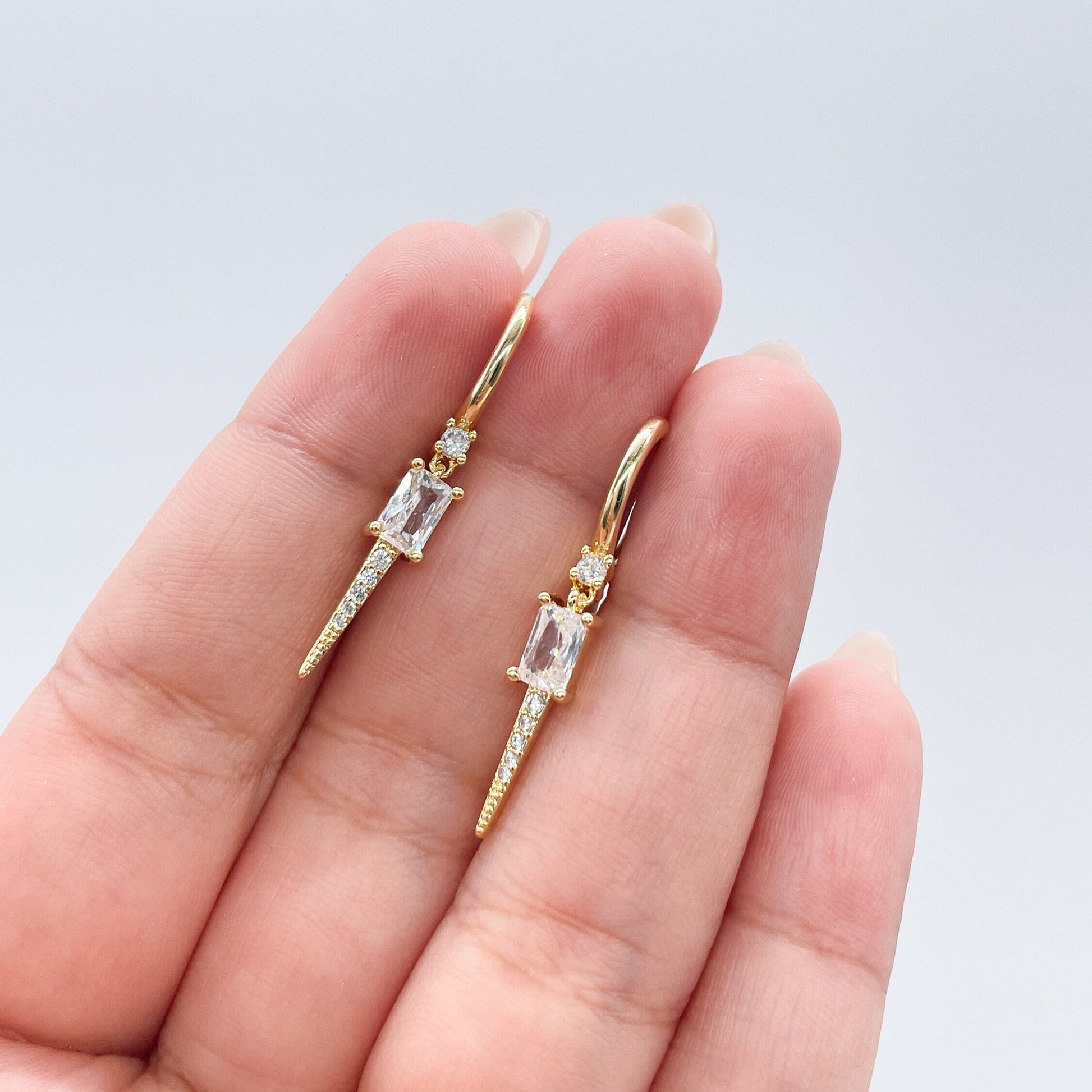 18k Gold Filled Dangling Spear Charm Earring With Baguette Cut and Micro CZ