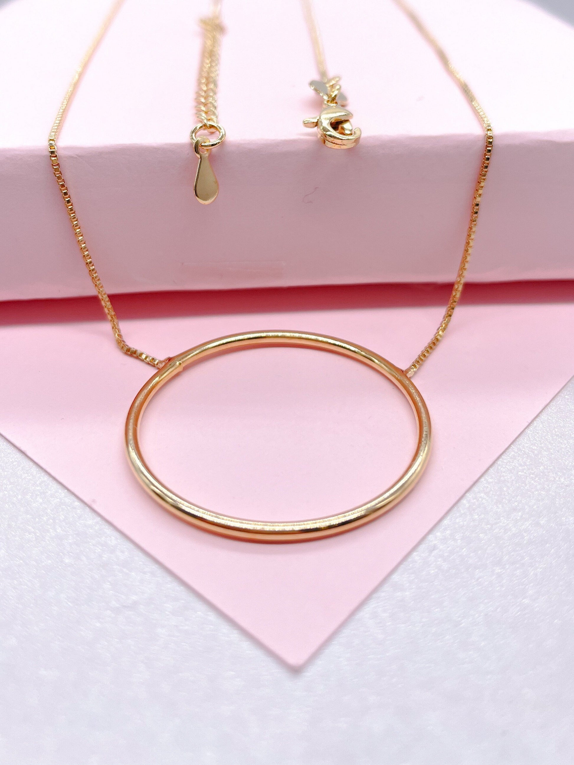 18k Gold Filled Box Chain Featuring The Circle of Life Charm Pendant Necklace,