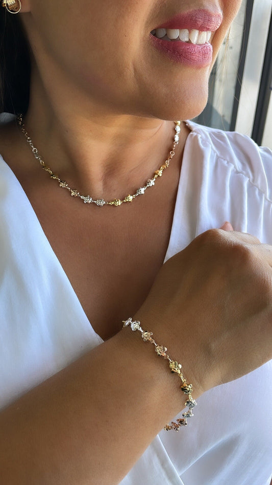 18k Gold Filled Tri-Color Flower Necklace and Bracelet, Three Tone Jewlery