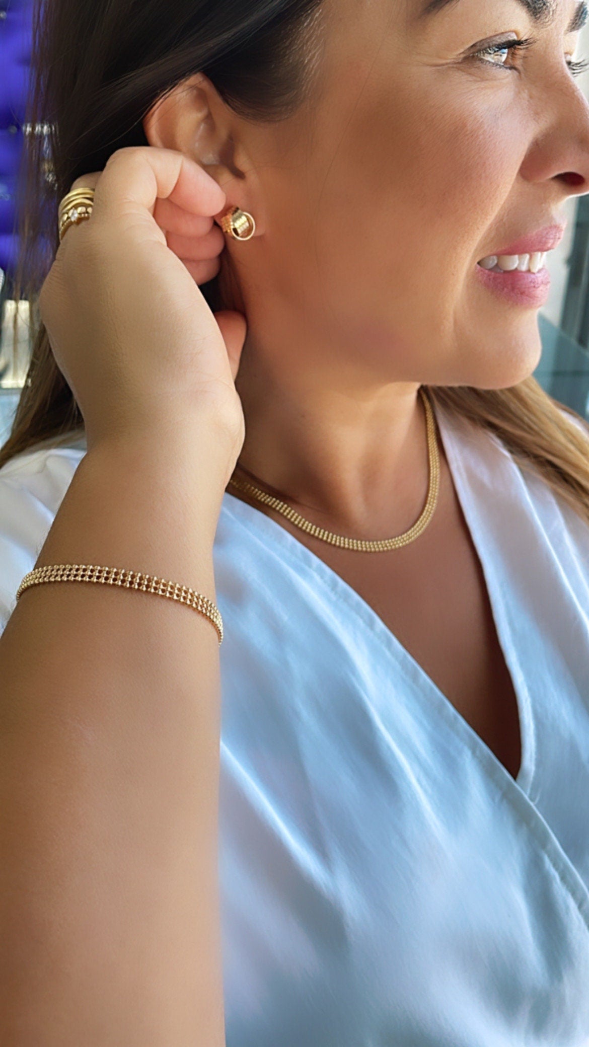 18k Gold Filled 4mm Three Rowed Beaded Necklace and Bracelet Set