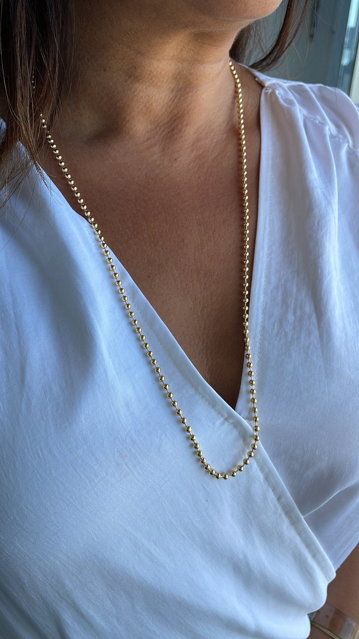 18k Gold Filled 3mm Gold Beaded Chain Extra Long Chain 28 Inch, Military Link Chains