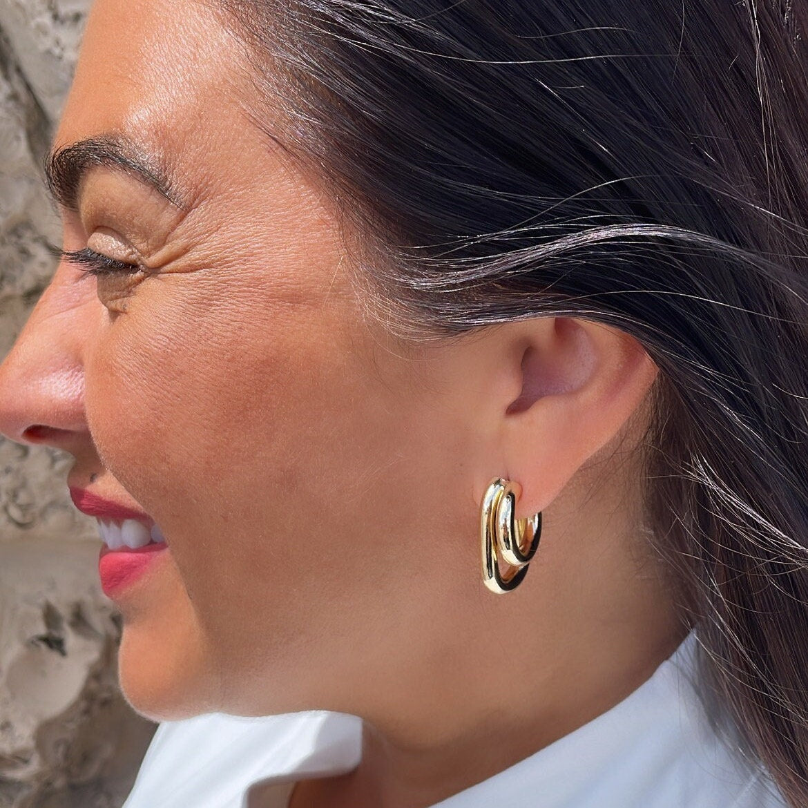 18k Gold Filled Hoop Earrings: Minimalist Double Row Hoops