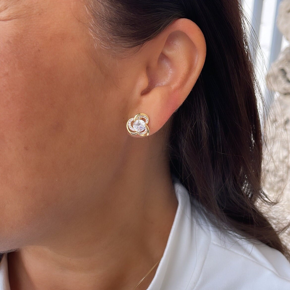 18k Gold Filled Flower Stud Earrings with CZ Stone