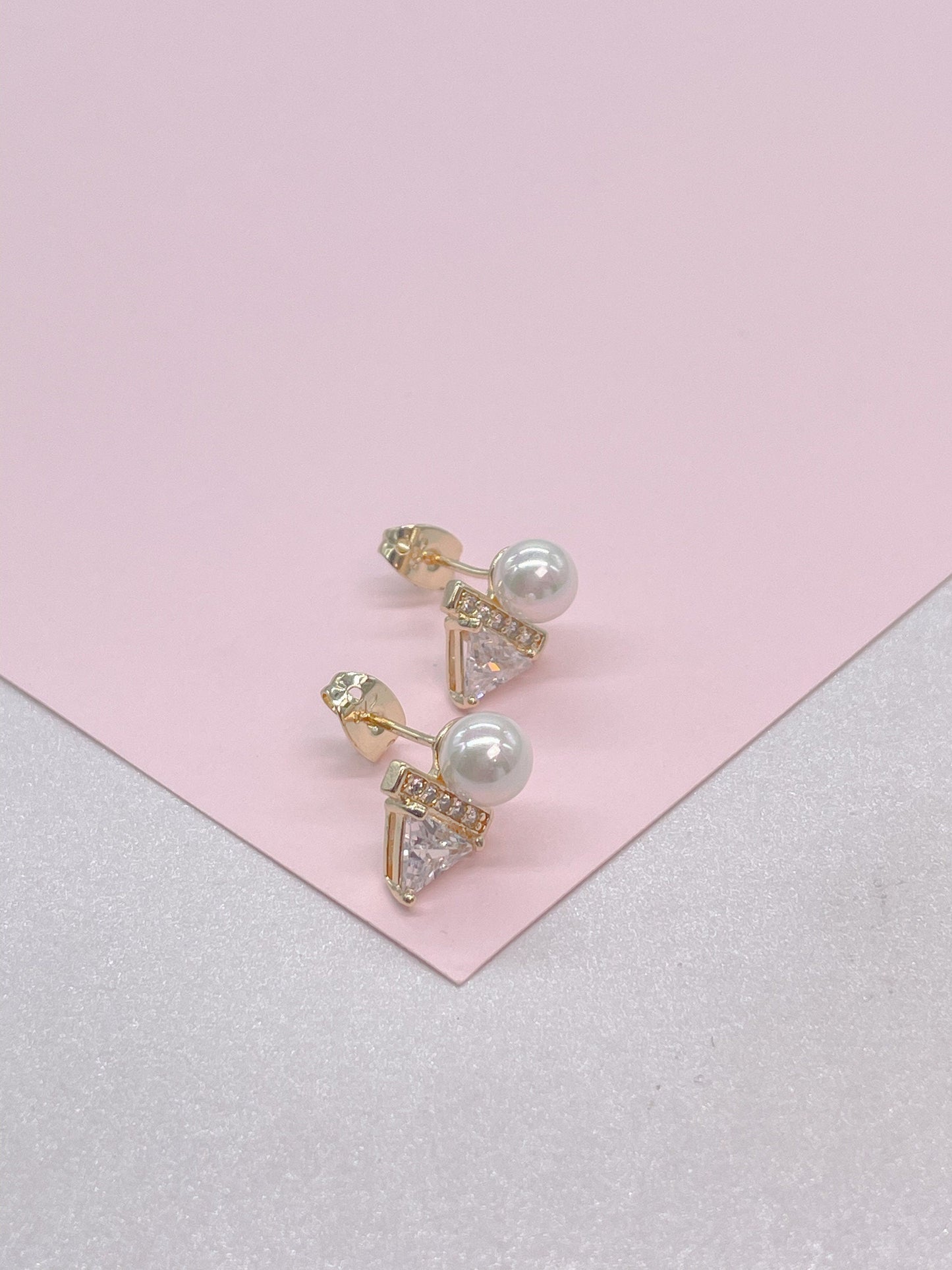 18k Gold Filled Faux Pearl Stud with Triangle CZ Stone