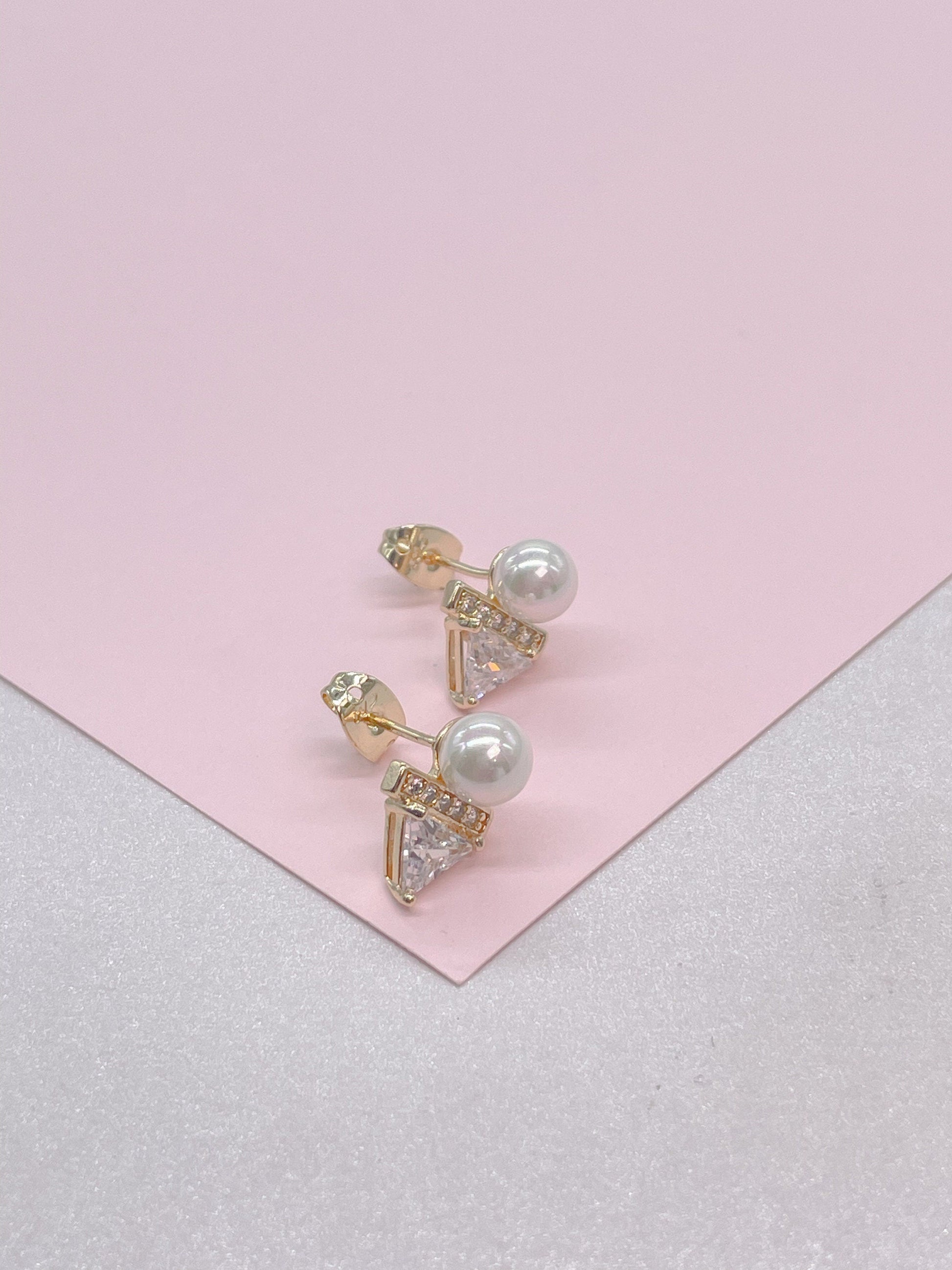 18k Gold Filled Faux Pearl Stud with Triangle CZ Stone