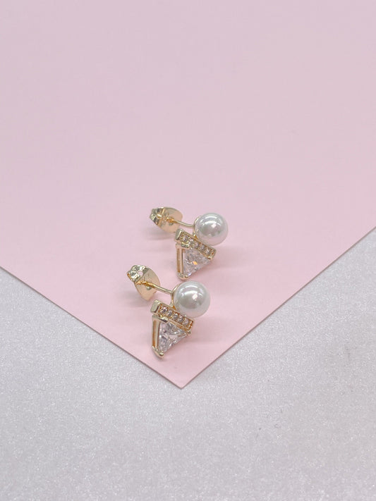 18k Gold Filled Faux Pearl Stud with Triangle CZ Stone